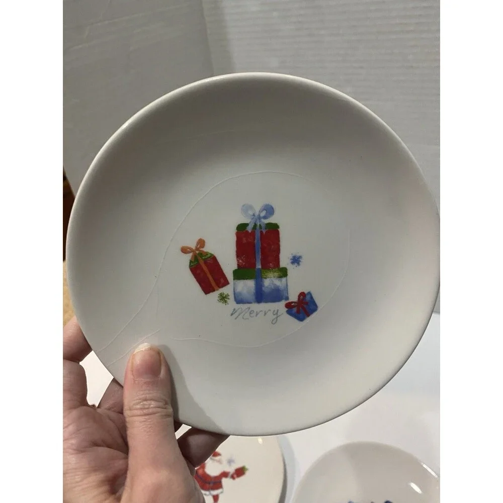 Pier 1 Imports Holiday Appetizer Plates Set Four EUC Christmas Santa Snowman